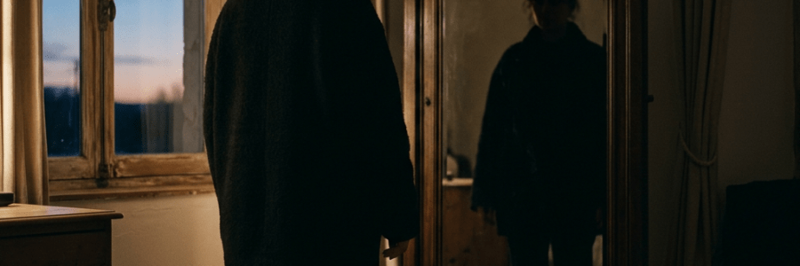 Person standing in front of a full-length mirror in a dimly lit room during sunset.