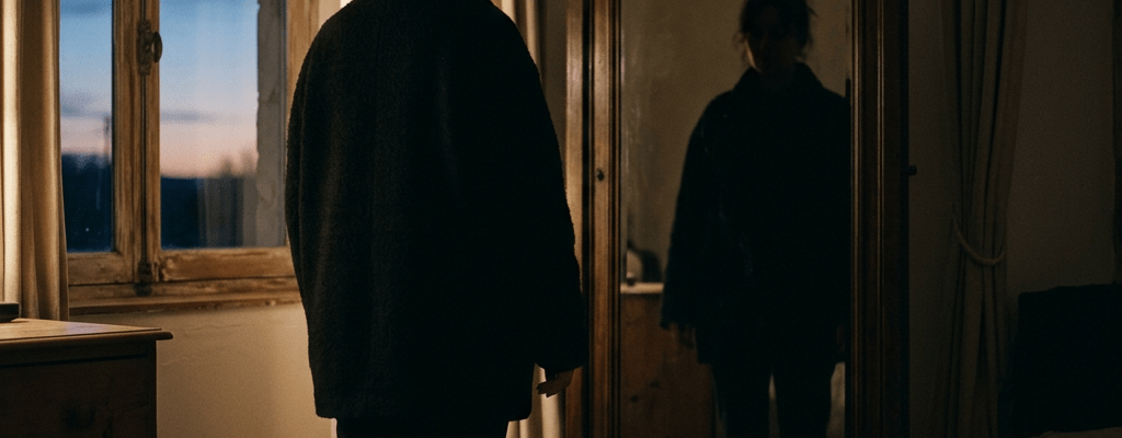 Person standing in front of a full-length mirror in a dimly lit room during sunset.